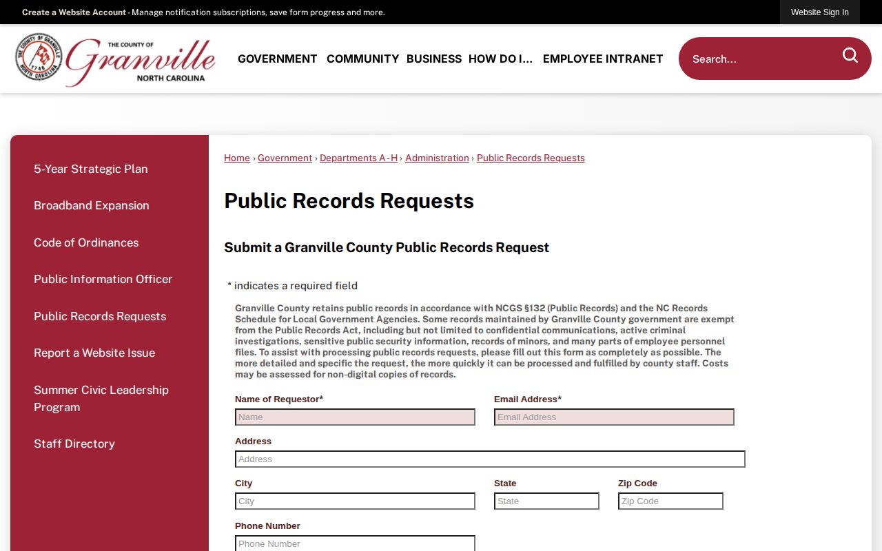 Granville County released inmate record request form